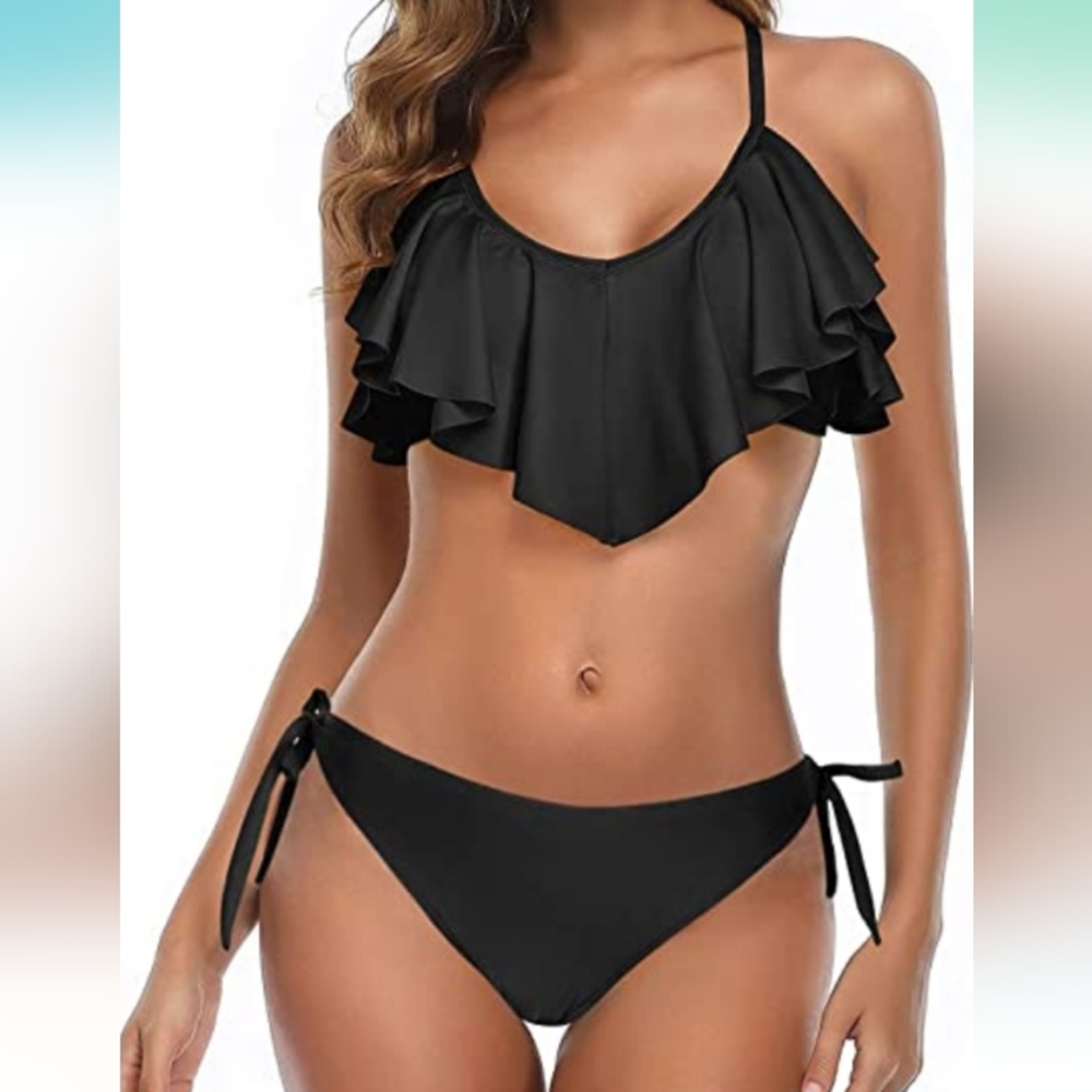 Women's Flounce Black Bikini Set